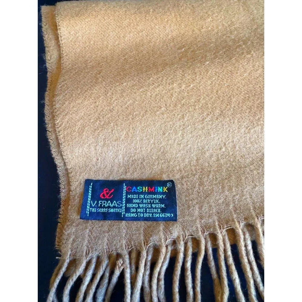 Fraas Cashmink Scarf Camel Tan Fringe Soft Made in Germany Unisex Winter Wrap